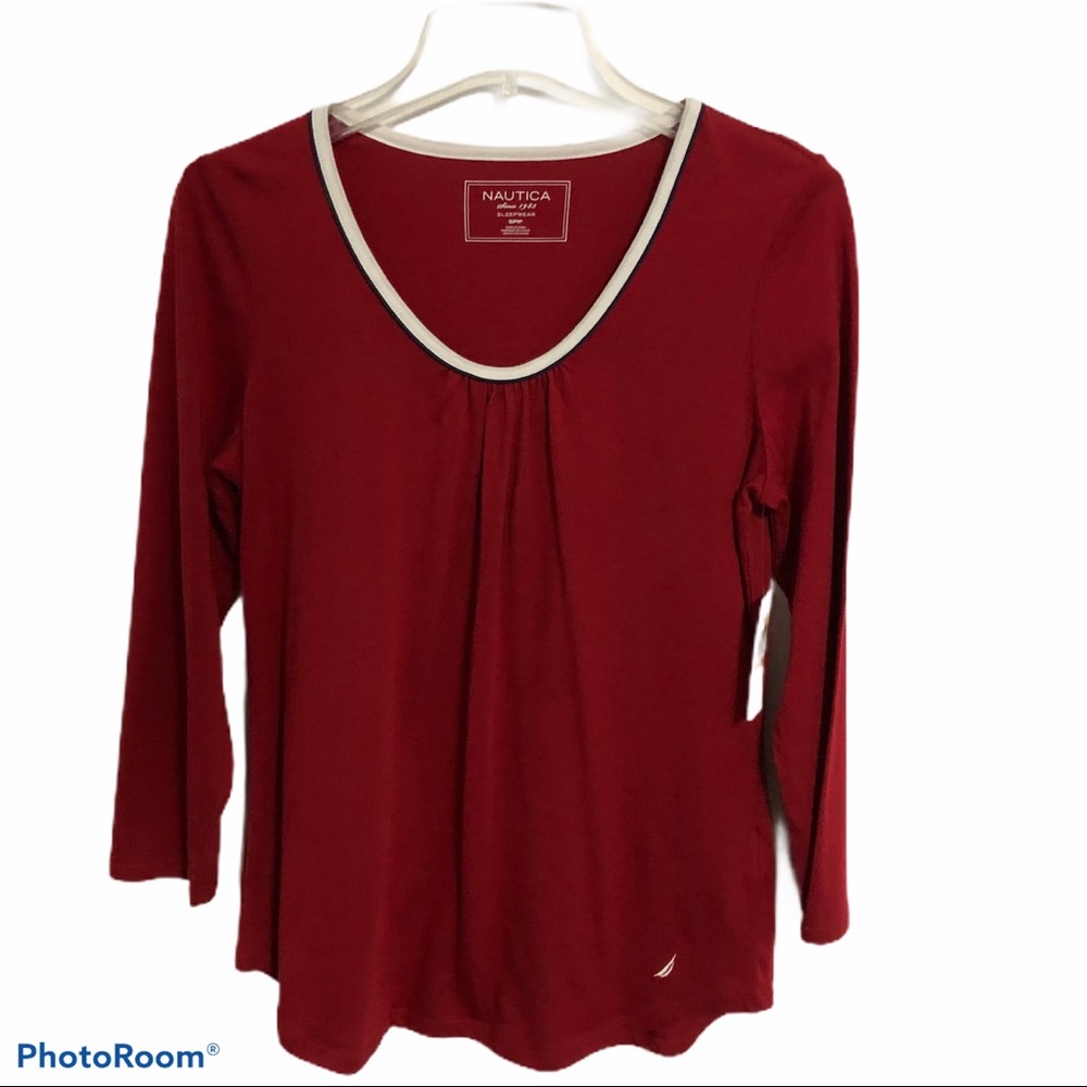 Nautica Pleated Front 3/4 Sleeve Sleep Lounge Pajama Shirt Red Size Small